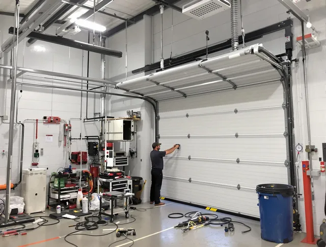 Stafford Garage Door Repair certified technician performing commercial door repair at a Stafford business facility
