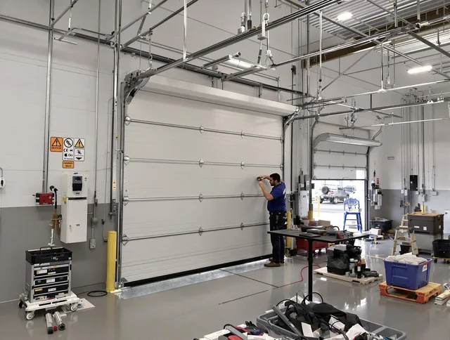Commercial garage door repair being performed by Stafford Garage Door Repair expert in Stafford