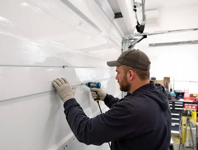 Stafford Garage Door Repair technician demonstrating precision dent removal techniques on a Stafford garage door