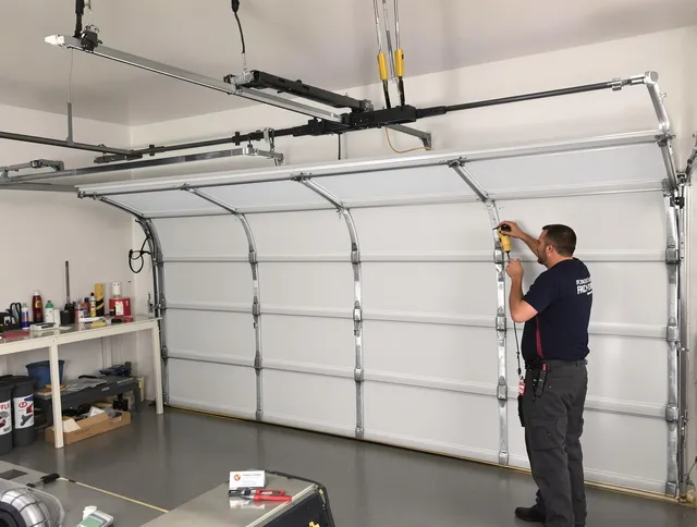 Stafford Garage Door Repair certified technician performing overhead door system repair in Stafford