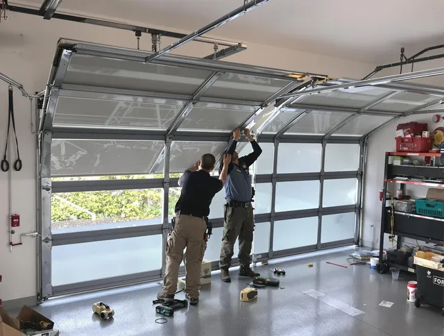 Stafford Garage Door Repair expert performing precise panel replacement on Stafford garage door