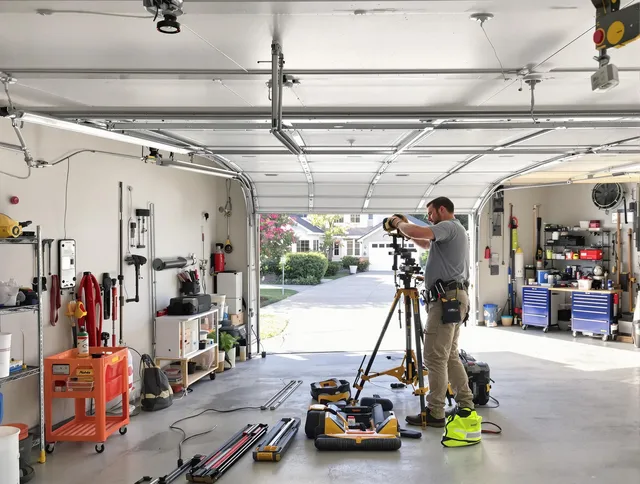 Stafford Garage Door Repair specialist performing laser-guided track alignment in Stafford